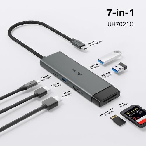 TP-LINK UH7021C TYPE-C 7 Port Portatif Hub 1×USB-C, 1×HDMI 4K 60Hz, 1×USB-C PD 100W, 1×SD 200MB/s, 3 × USB-A 5Gbps